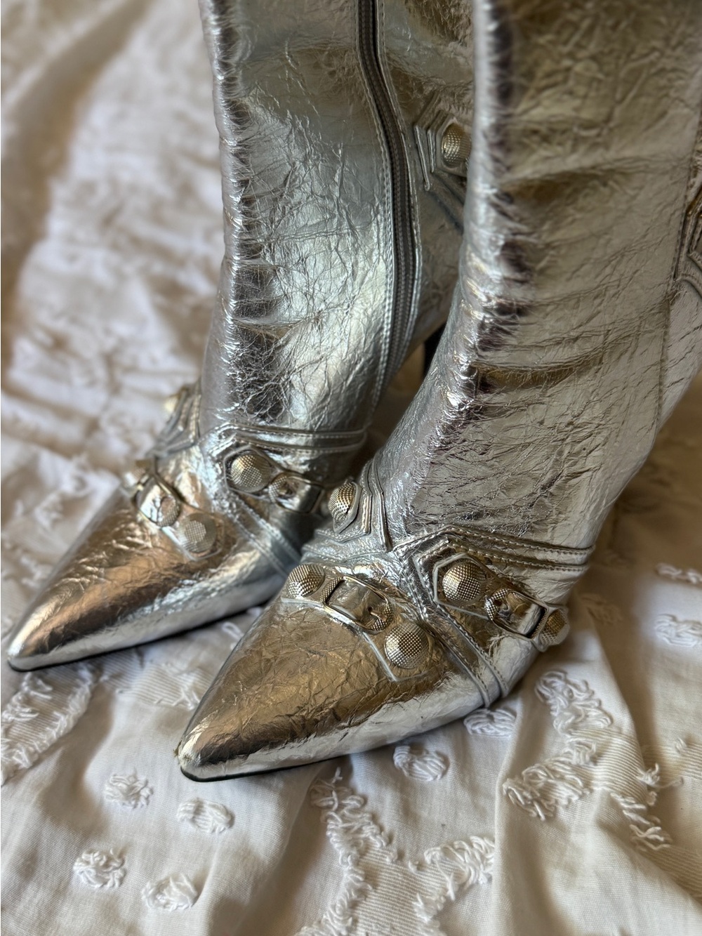 Pointed-Toe Metallic Silver Mid-Calf Heeled Boots